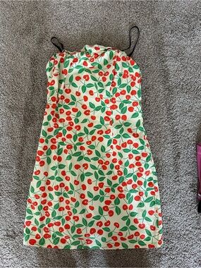 Cider Cream Strapless Mini Dress with Red Cherry and Green Leaf Print